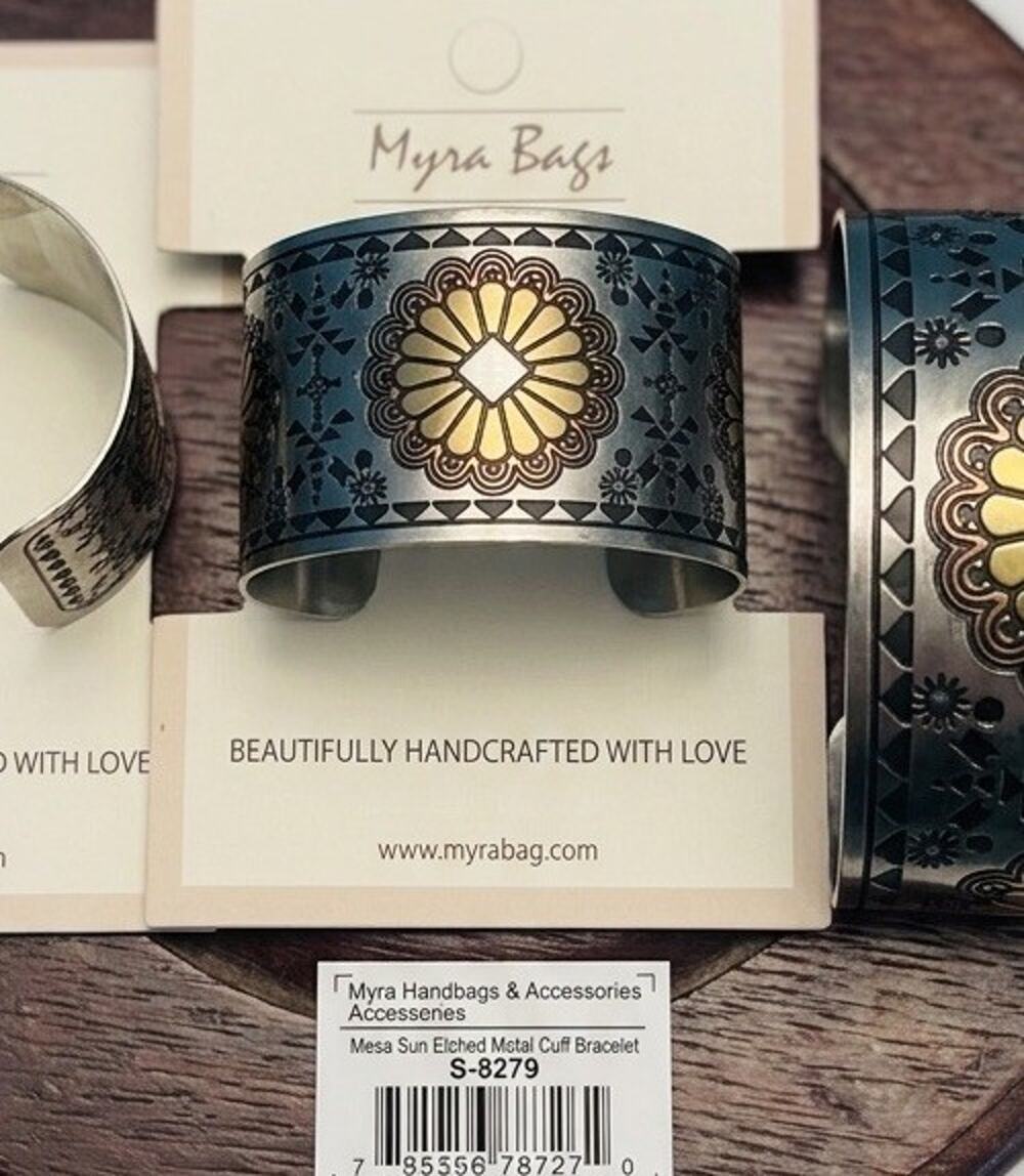 Myra Mesa Sun Etched Metal Cuff Bracelet (S-8279) Silver Copper Western Chic NWT